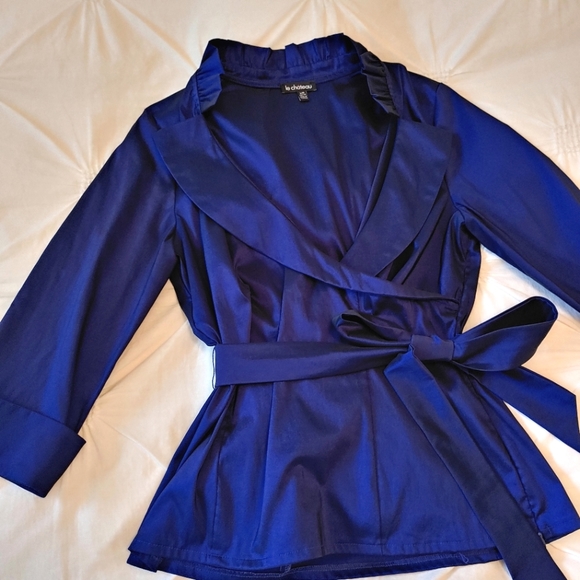 Le Chateau Y2k royal blue irridescent chrome ruffle wrap dress shirt. Size L - Picture 1 of 13